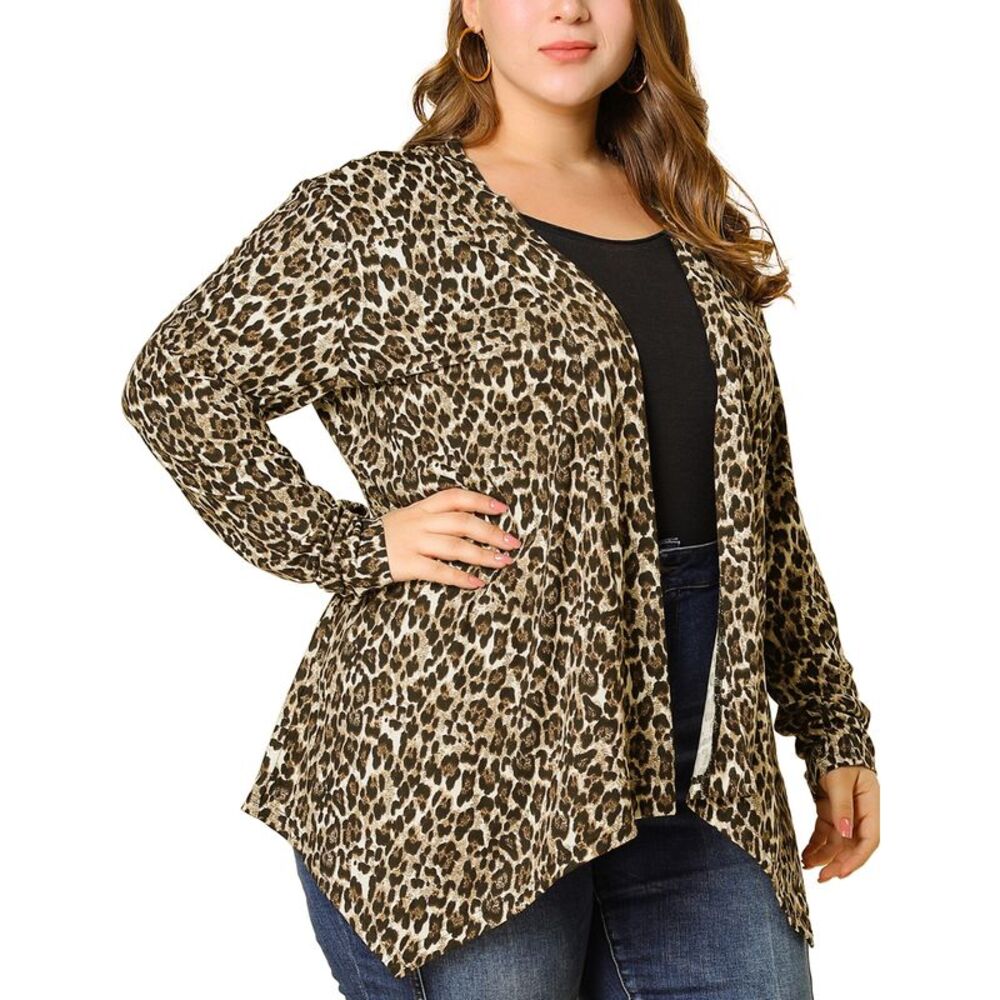 Plus Size Cardigans Leopard Printed Asymmetric Hem Jackets Open Front Brown